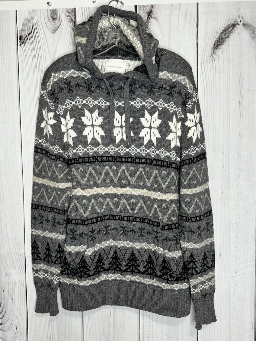 American Eagle Mens Sz M Nordic Gray Hoodie Ski Sweater Snowflake Design